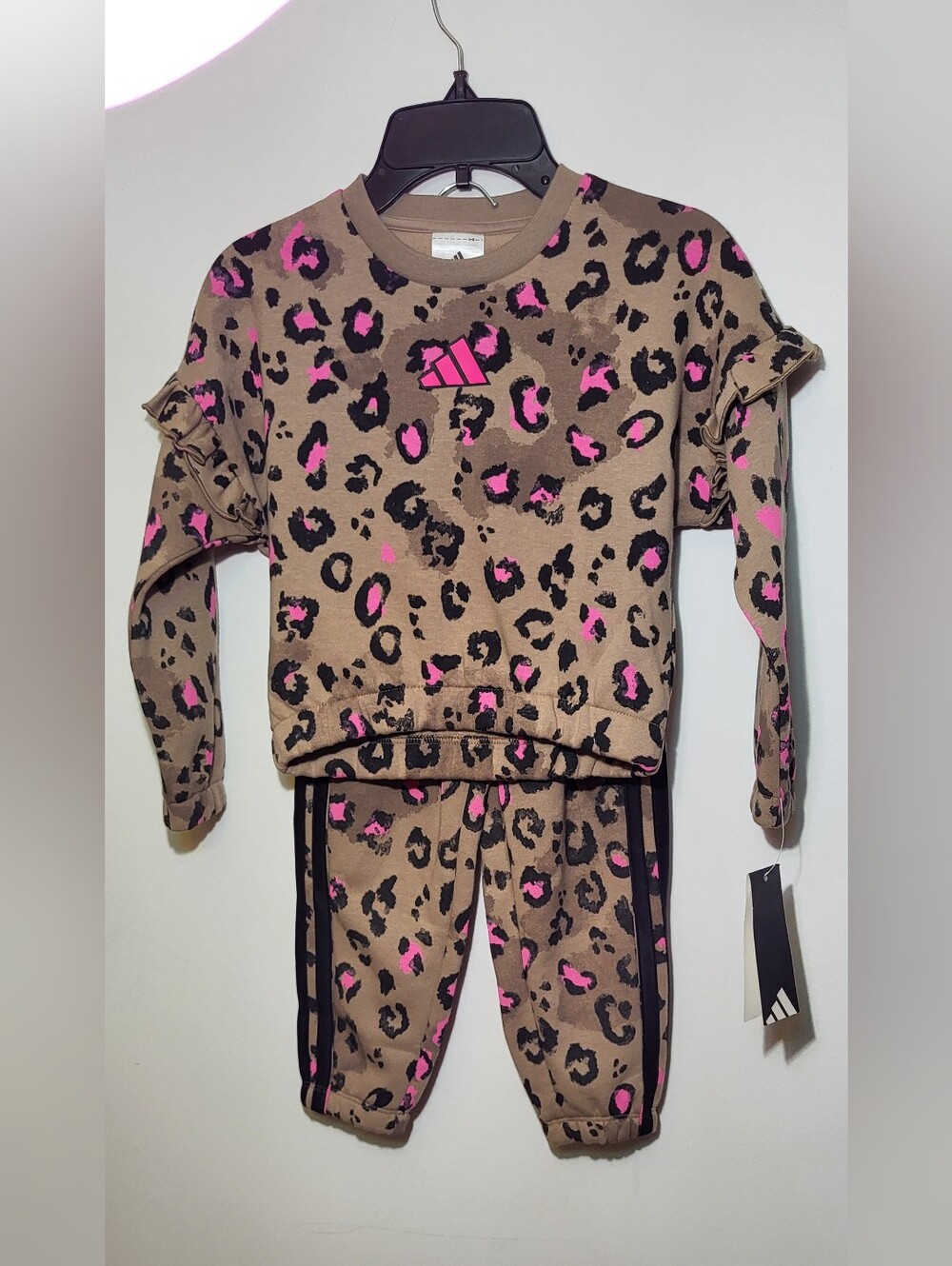 NWT Adidas Girls 2-Piece Fleece pink brown Leopard Sweatsuit Set Pants Size 4